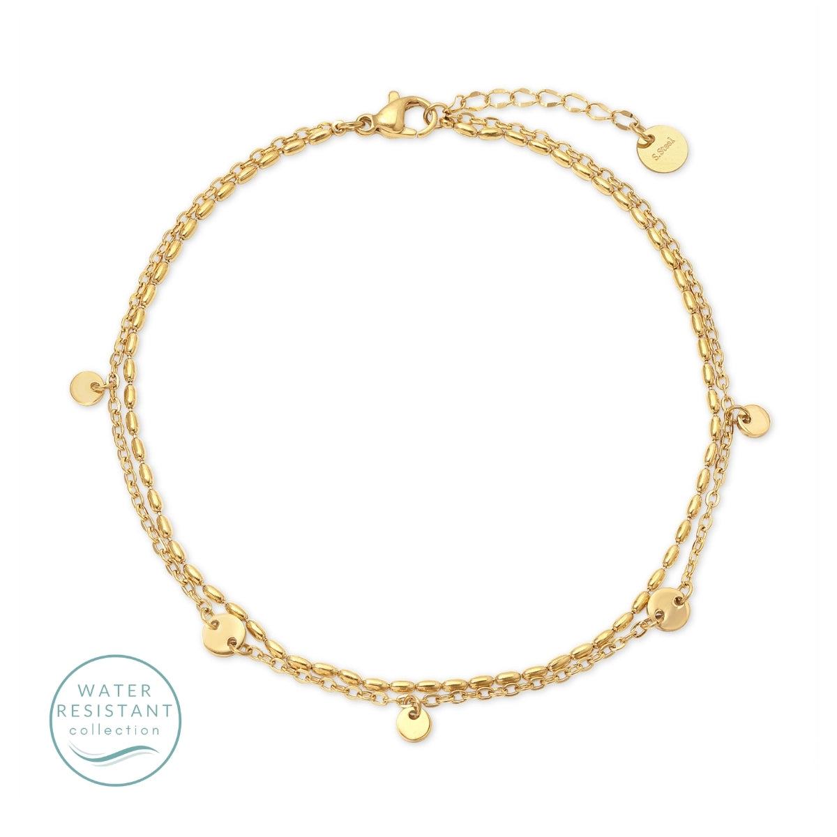 Gold bracelet with small round pendants on a white background