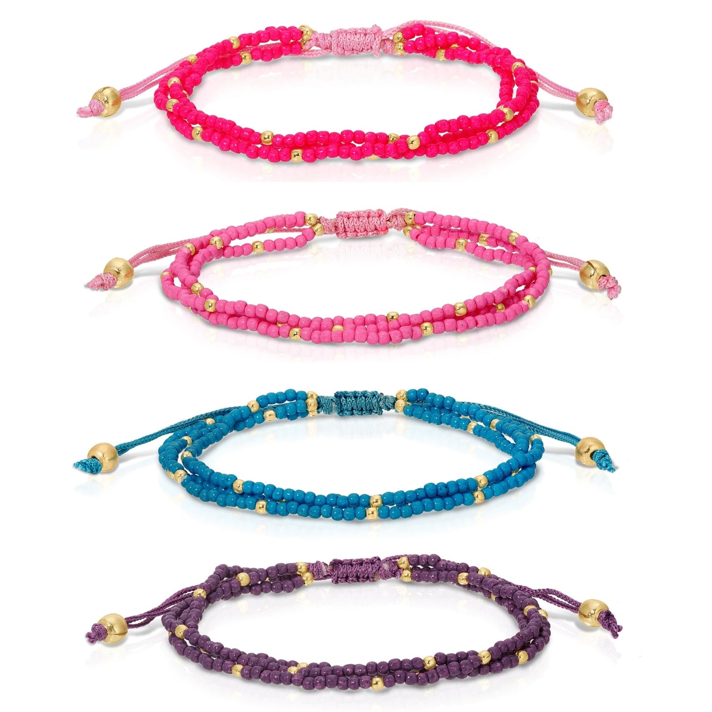 Set/12 Assorted 2mm Triple Layer Adjustable Seed Bead Bracelets with Gold Bead Accents
