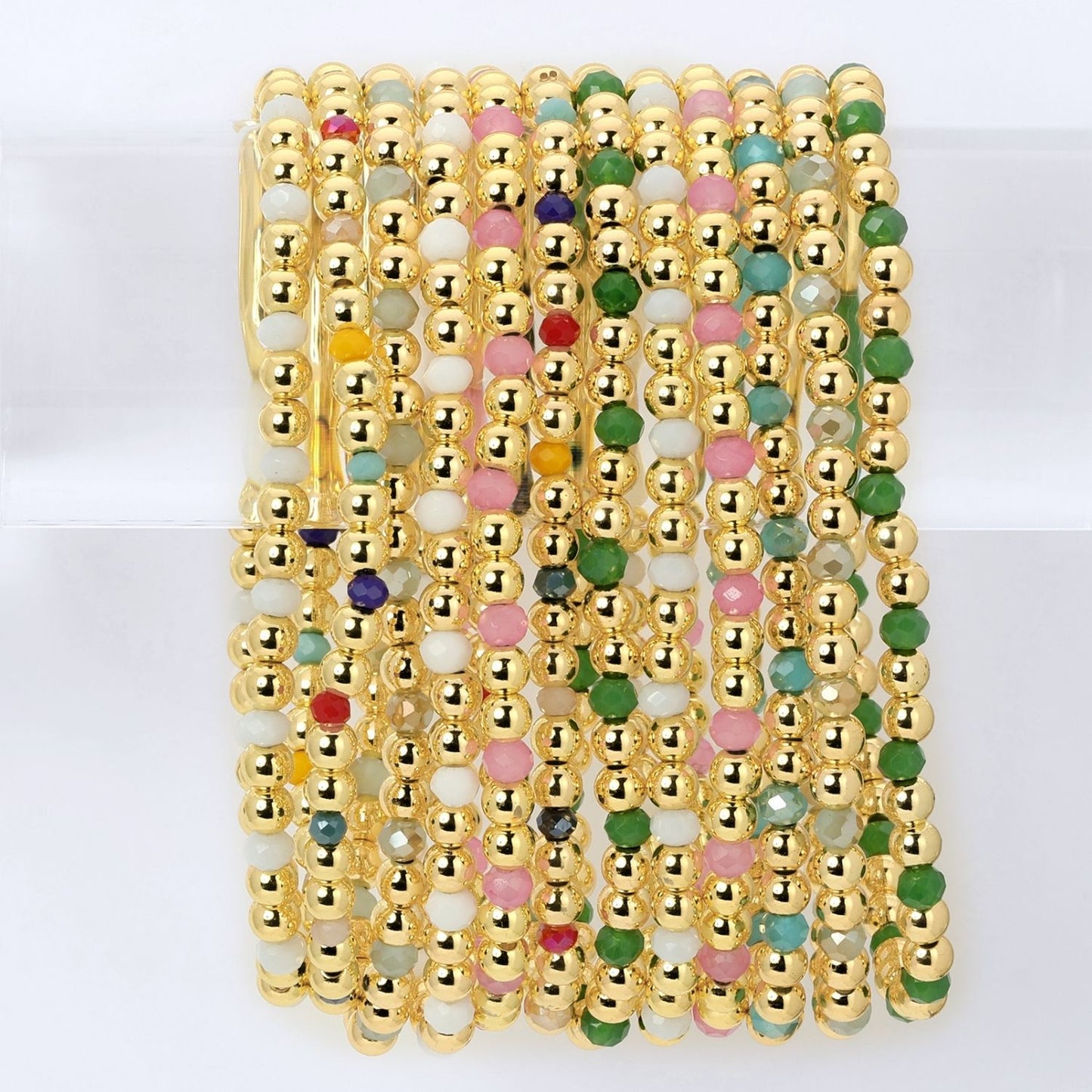 Set/12 4mm Bead & Crystal Stretch Bracelets