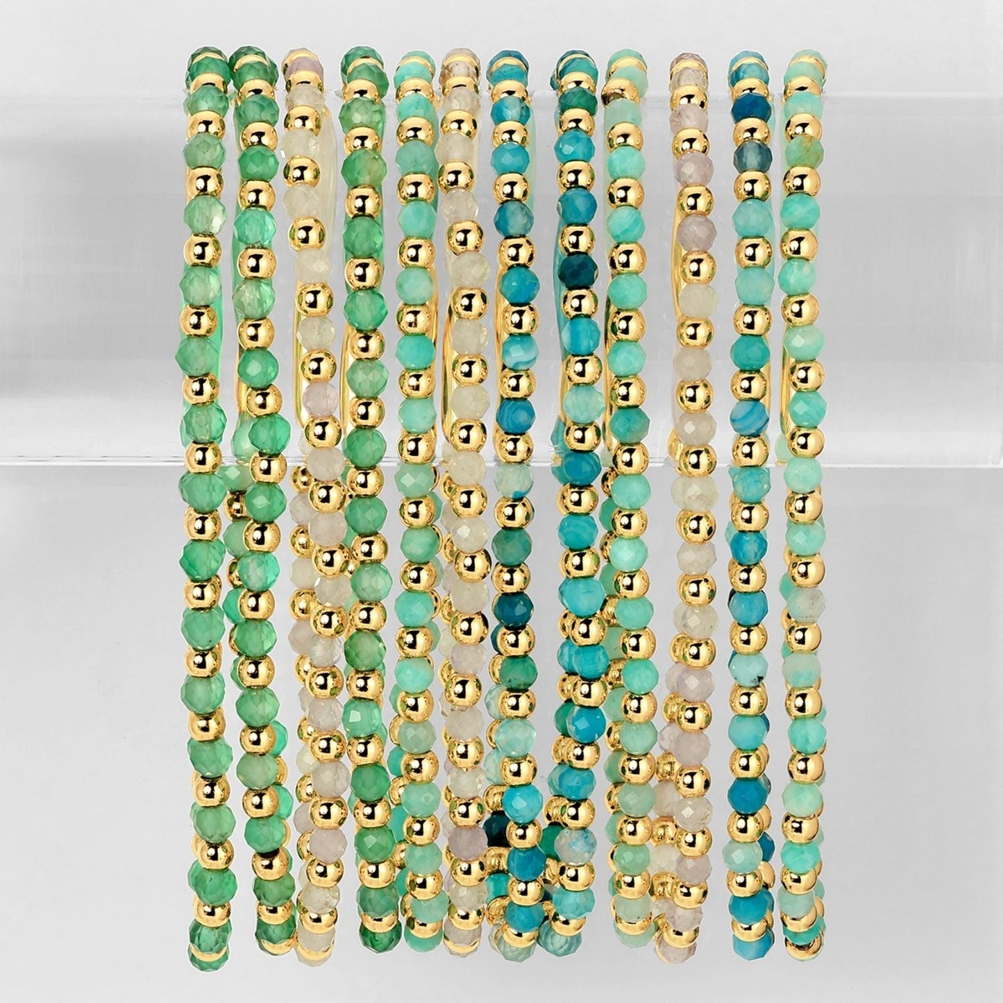 Set/12 3mm Assorted stretch beaded bracelets alternating stones