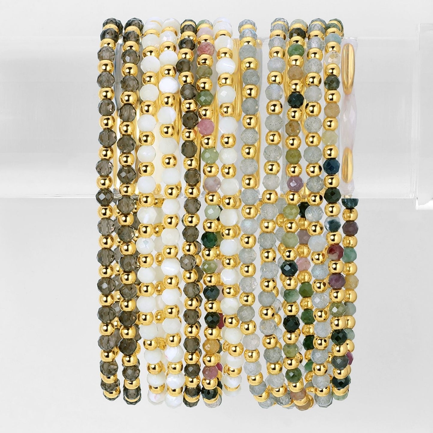Set/12 3mm Assorted stretch beaded bracelets alternating stones