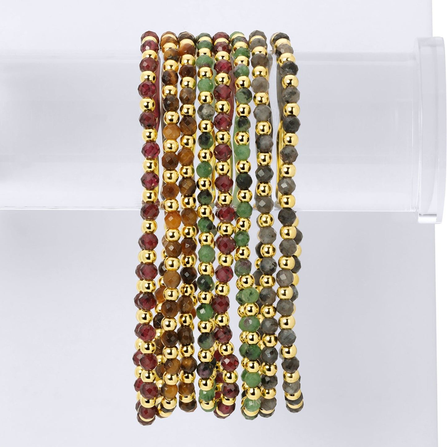 Set/12 3mm Assorted stretch beaded bracelets alternating stones