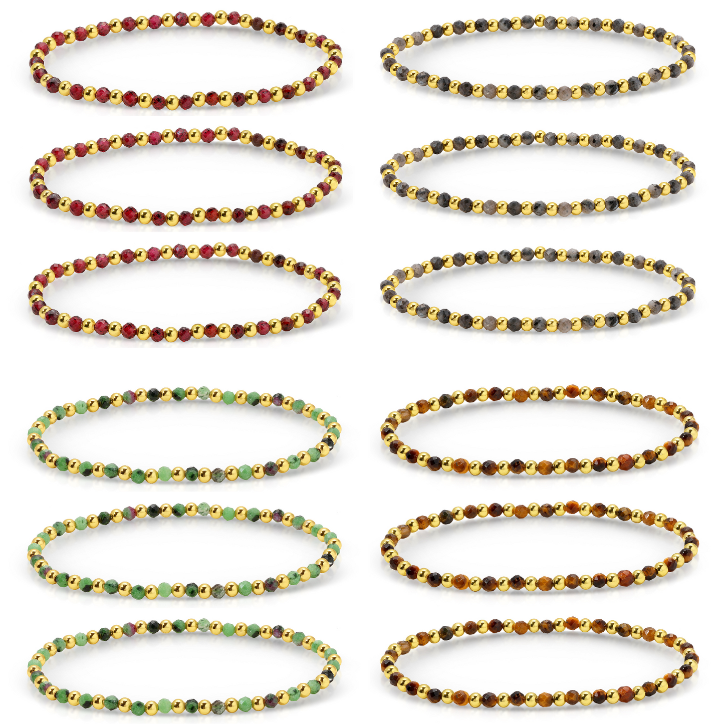 Set/12 3mm Assorted stretch beaded bracelets alternating stones