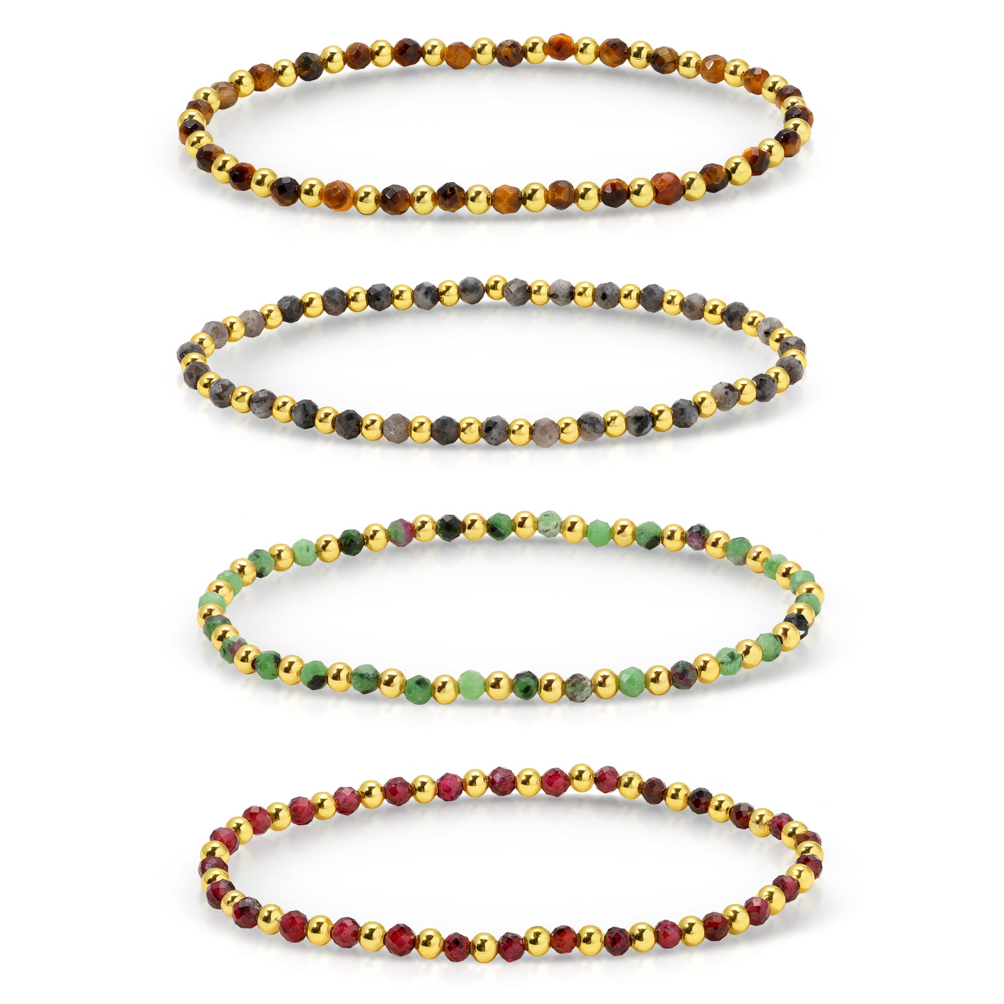 Set/12 3mm Assorted stretch beaded bracelets alternating stones