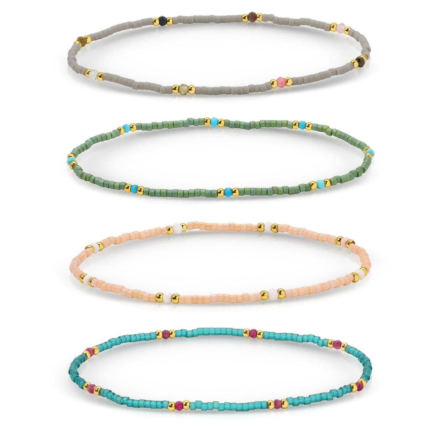 Set/12 Stone Accented Muyuki Delica Stretch Bracelets
