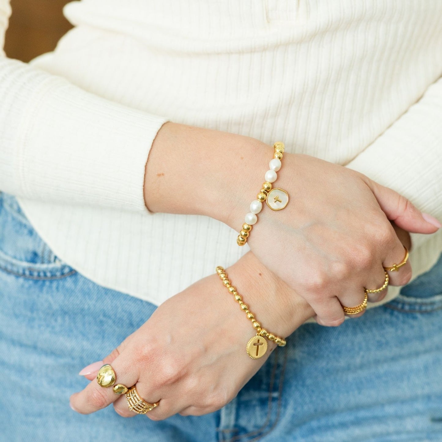 Beaded Stretch Bracelet with Cut-Out Cross Charm