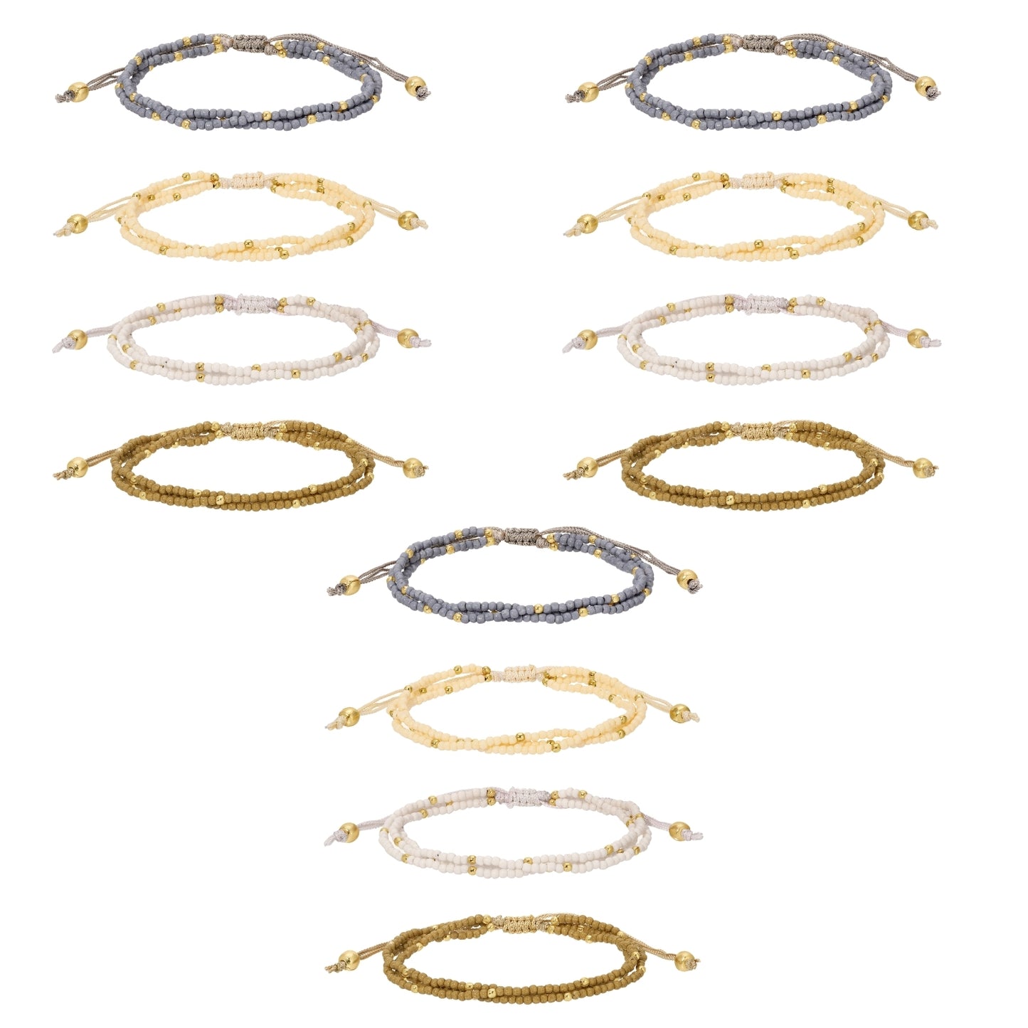 Set/12 Assorted 2mm Triple Layer Adjustable Seed Bead Bracelets with Gold Bead Accents
