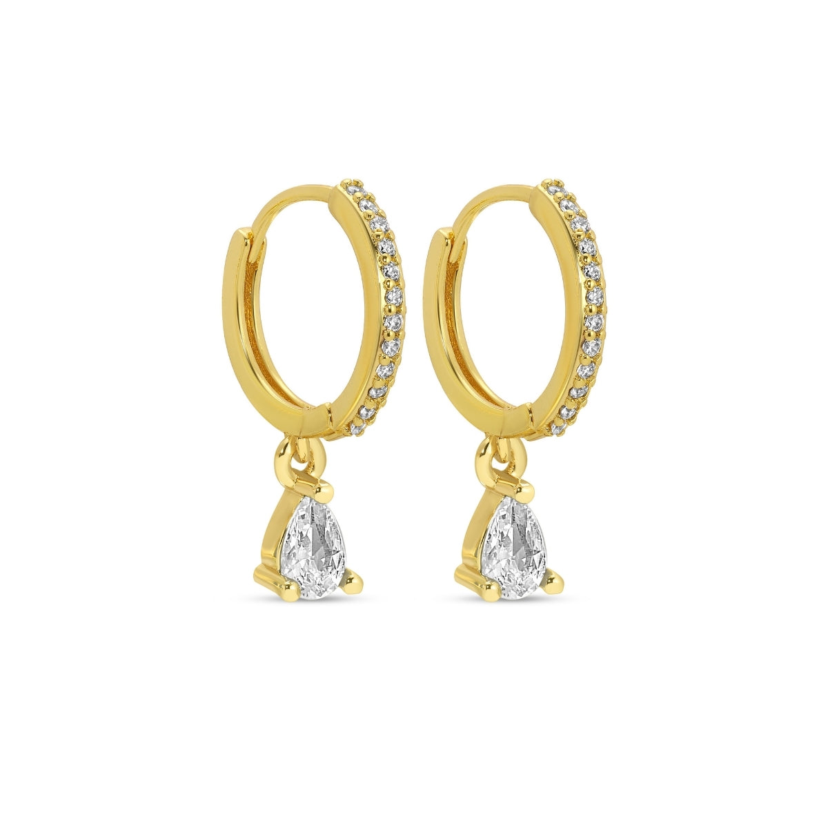 Gold hoop earrings with teardrop-shaped gemstones on a white background