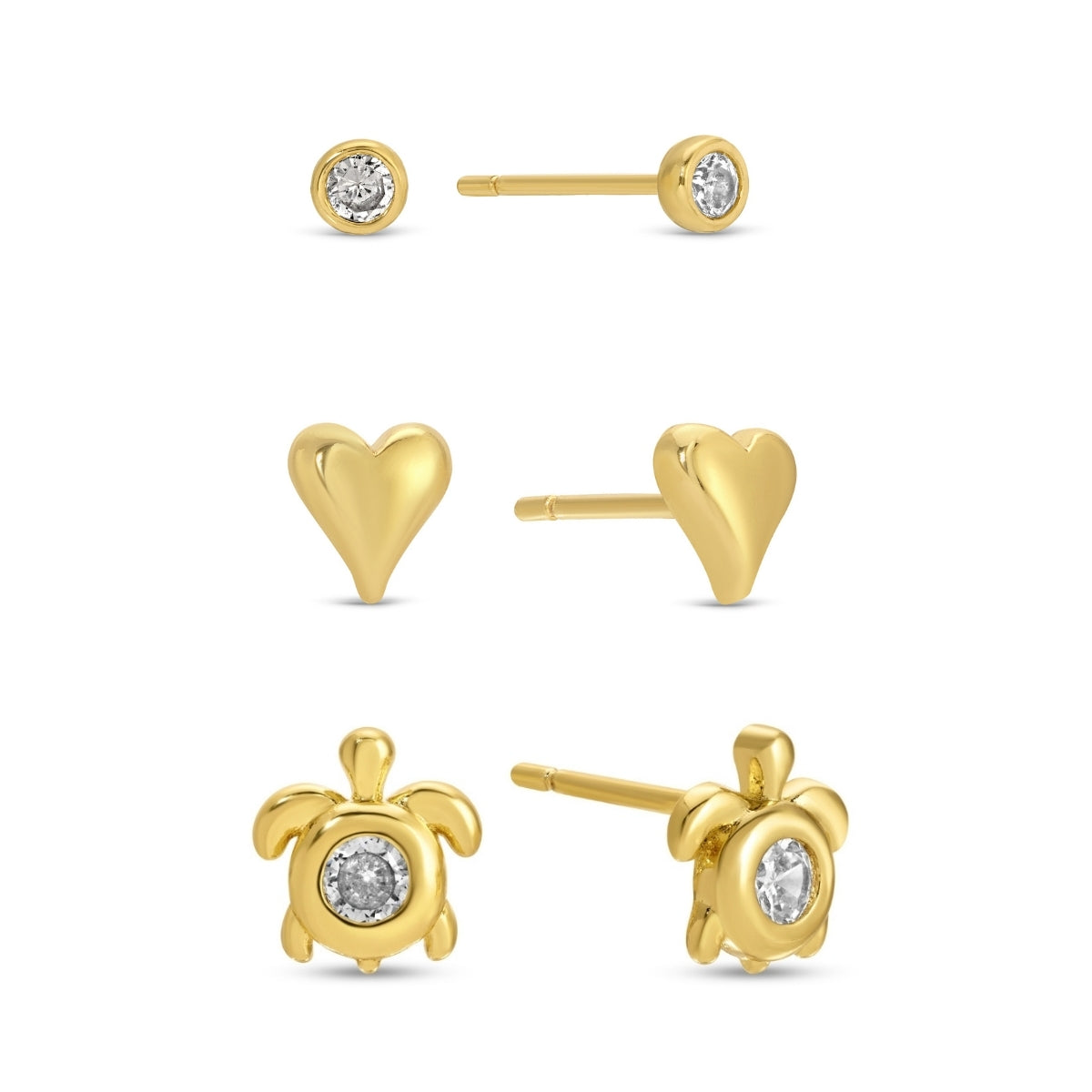 Ocean Love Stud Set | Sparkling Heart, Sea Turtle, and CZ Trio