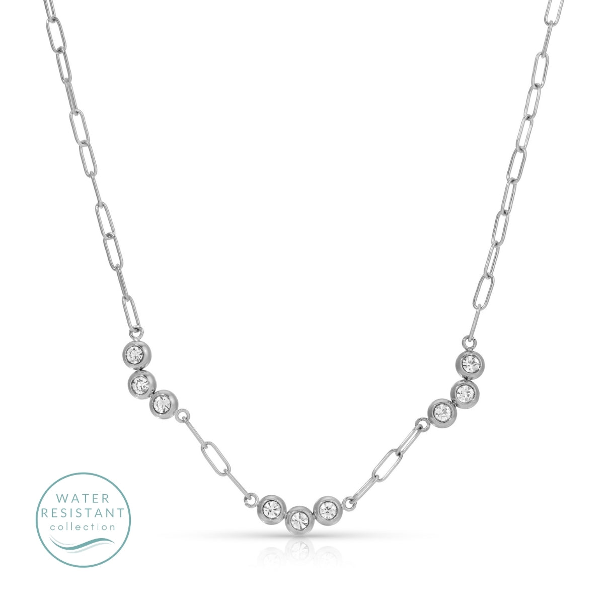 Triple CZ Clusters Paperclip Necklace, Water-Resistant