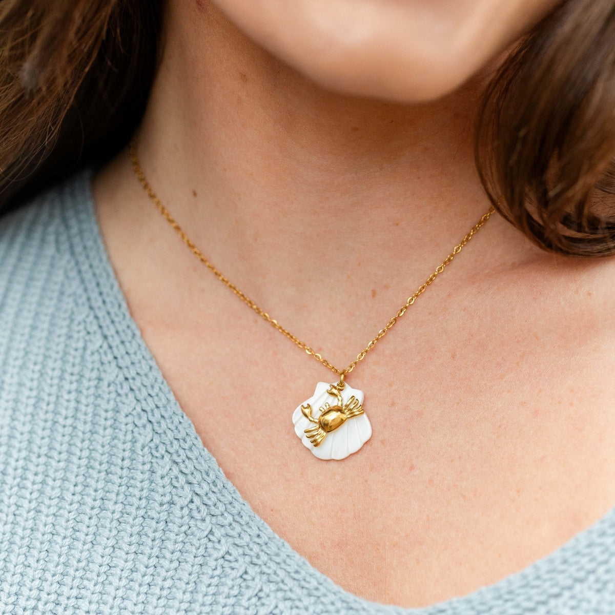 Shell and Crab Pendant Necklace, Water-Resistant