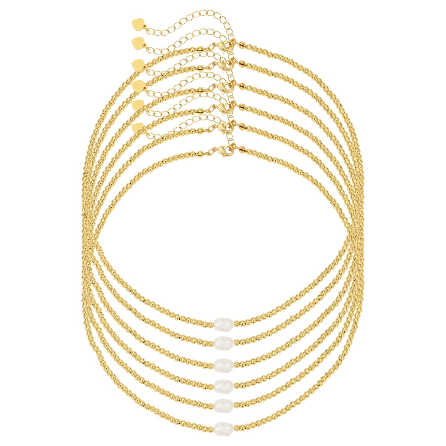Set/6 3mm beaded necklace with single medium pearl accent