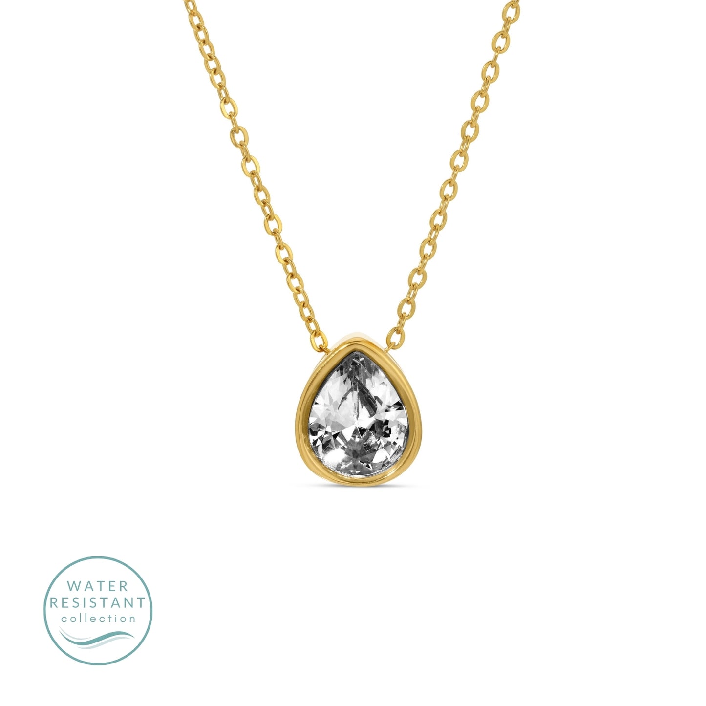Large CZ Teardrop Pendant Necklace, Water Resistant