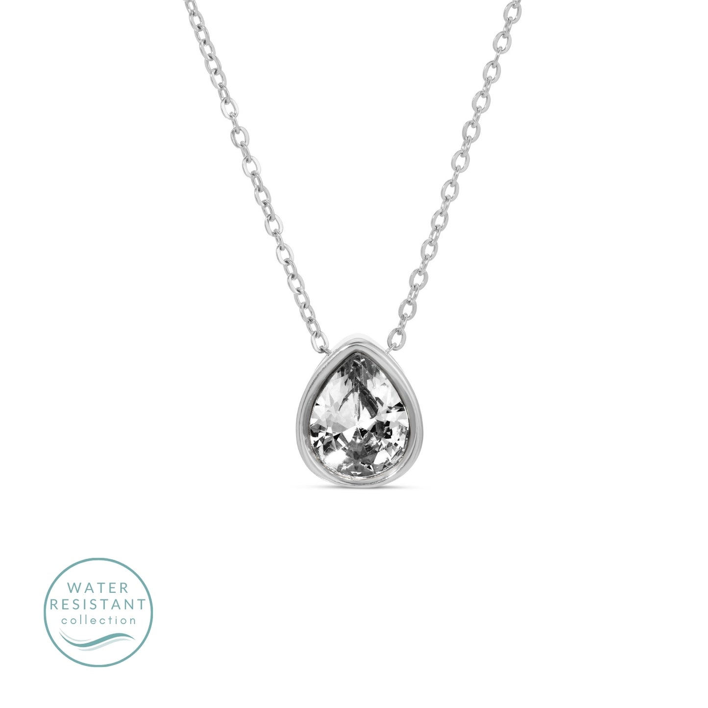 Large CZ Teardrop Pendant Necklace, Water Resistant