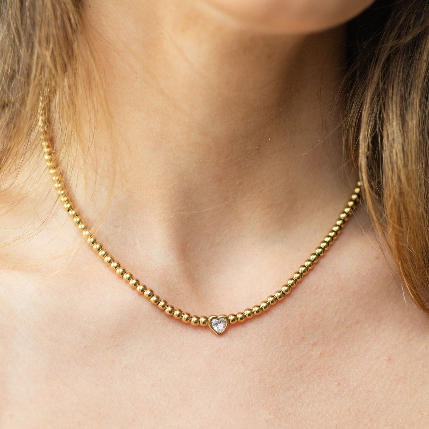 Beaded Heart Faux Diamond Necklace, Water Resistant
