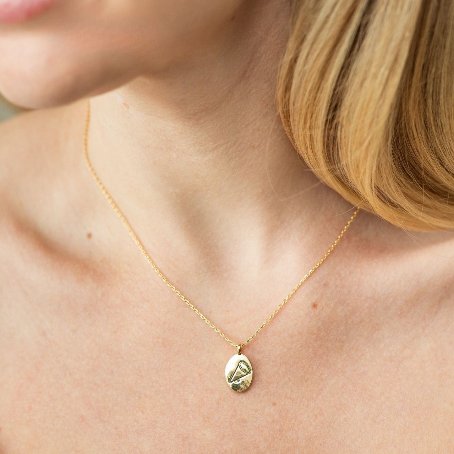 Etched Mega Phone Oval Pendant Necklace