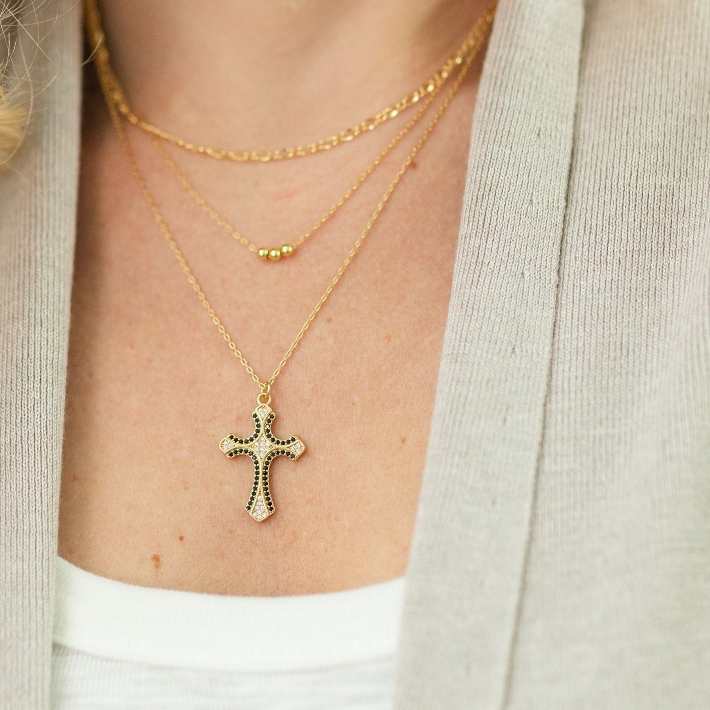 Layered Black Cross Necklace