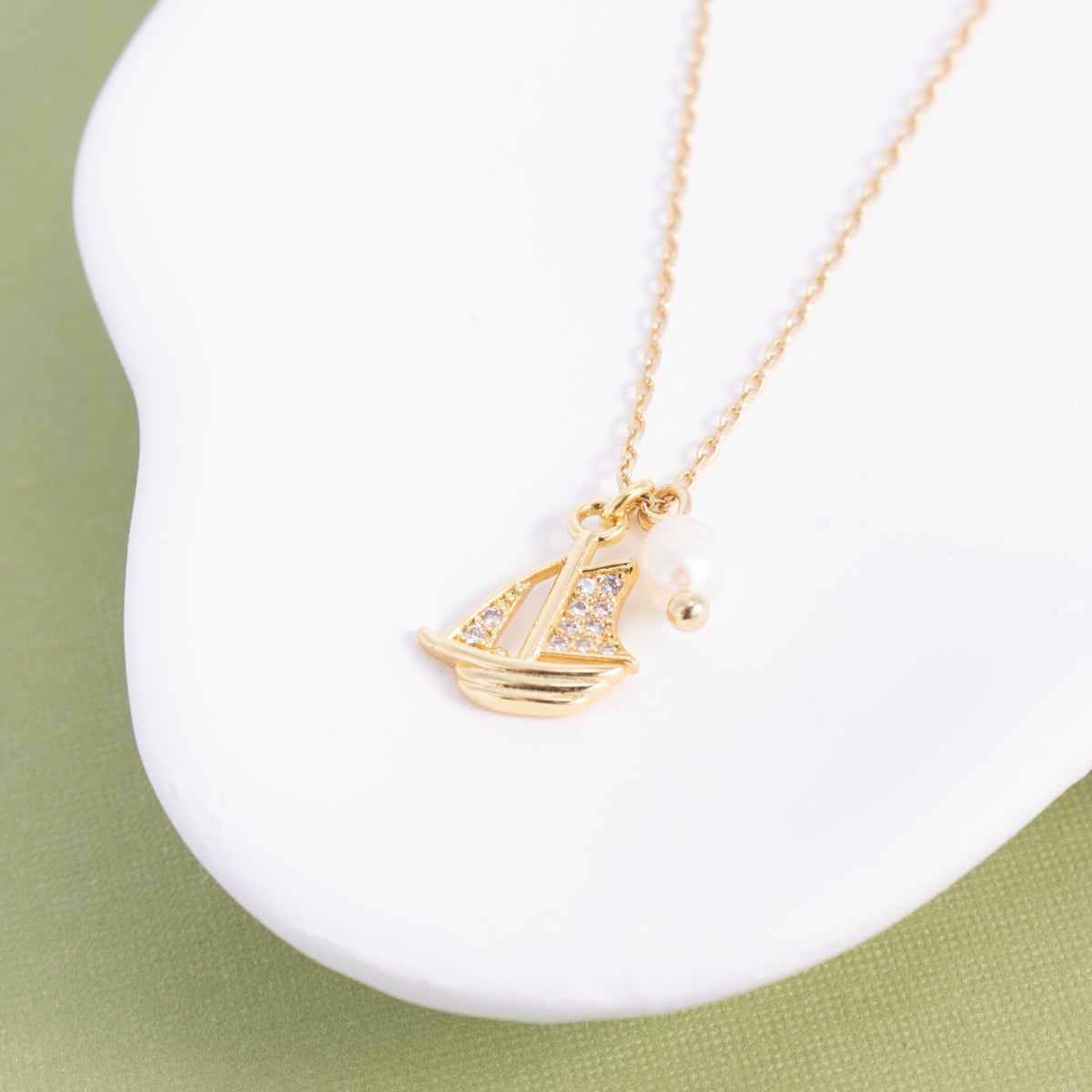 Pavé Sailboat Pendant Necklace with Freshwater Pearl