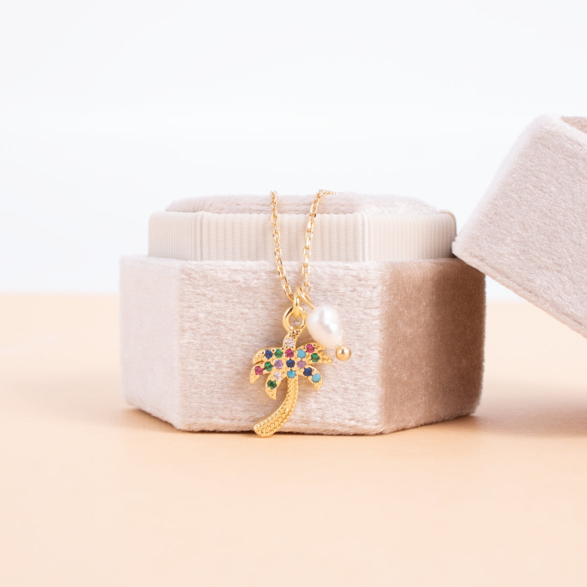 CZ Palm Tree Pendant Necklace with Freshwater Pearl