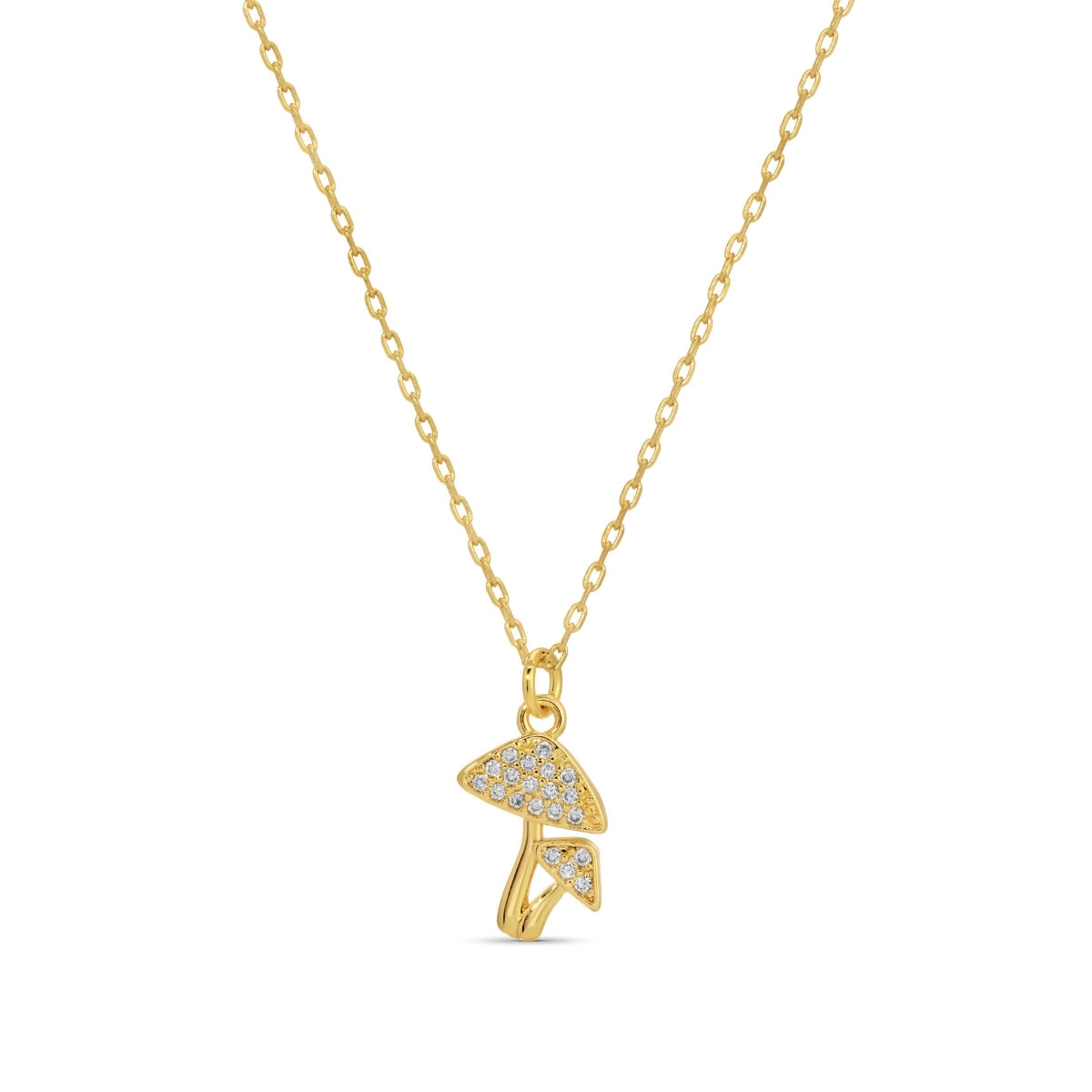 Gold necklace with a mushroom pendant on a white background