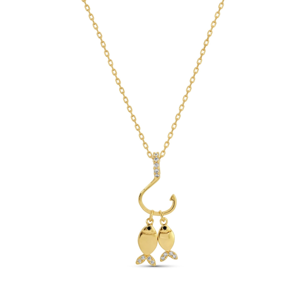Gold necklace with a double fish pendant on a white background