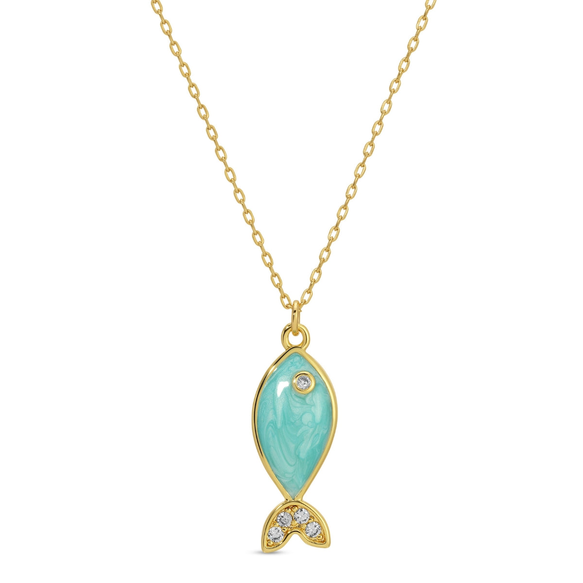 Turquoise fish-shaped pendant with gold frame on a white background