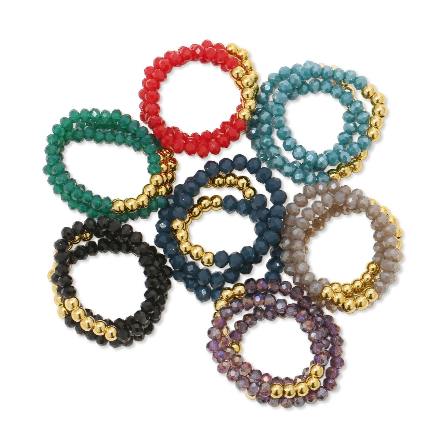 Set/24 assorted stretch crystal rings with 5 grouped 3mm bead accents