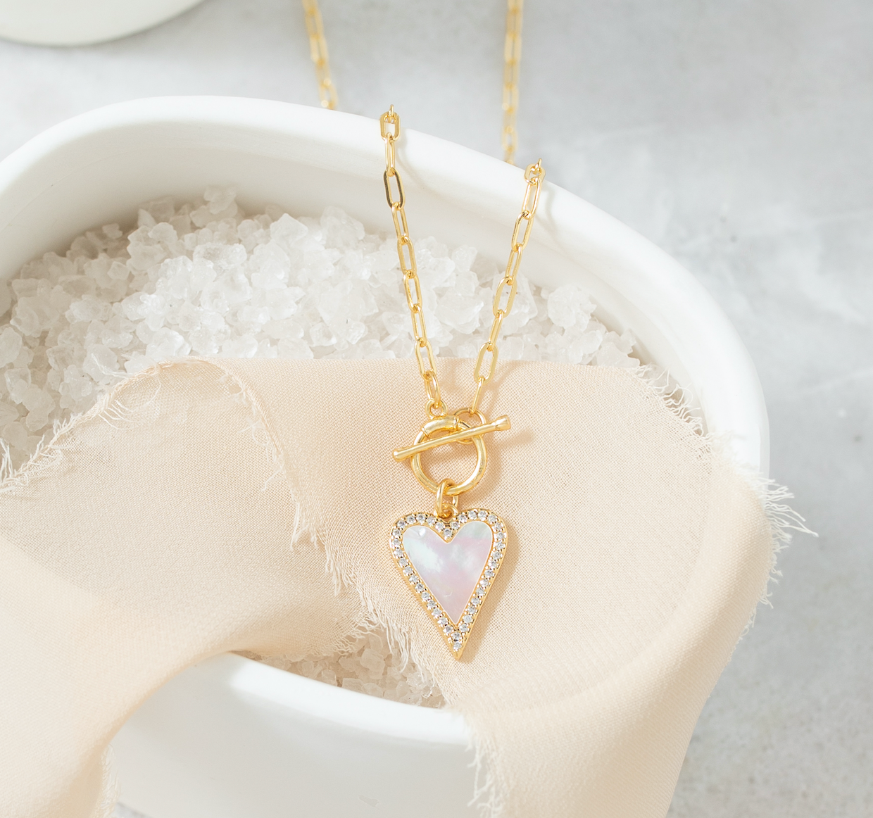 MOP Pave Heart Toggle Pendant Necklace
