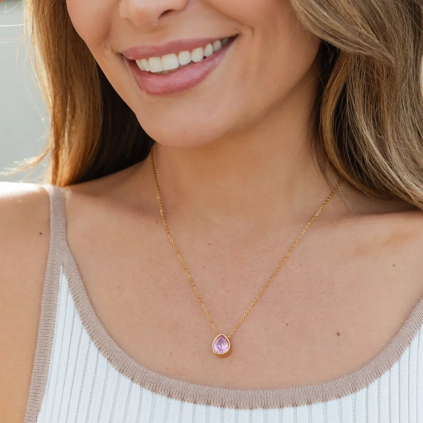 Large CZ Teardrop Pendant Necklace, Water Resistant