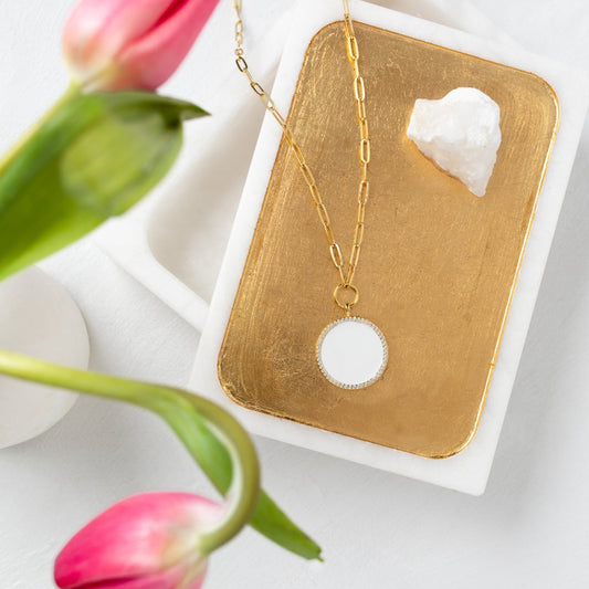 Circle Pave Pendant Paperclip Chain Necklace