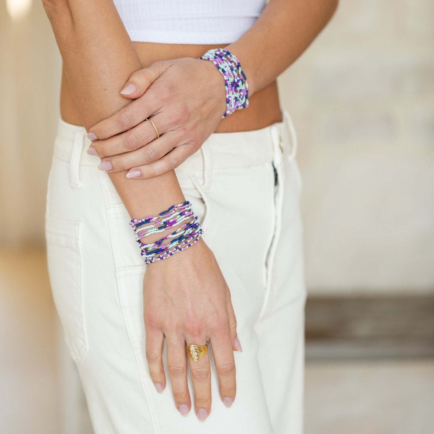 Set/24 Assorted 2mm stretch seed beed bracelets with gold bead accents
