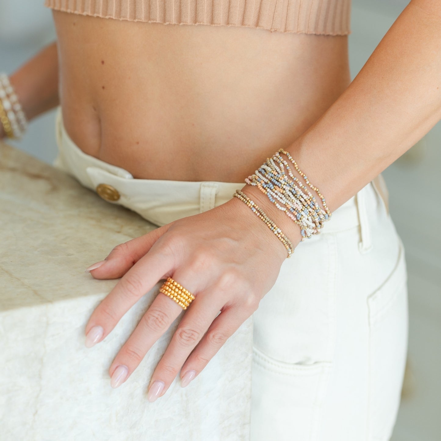 Set/24 Assorted 2mm stretch seed beed bracelets with gold bead accents