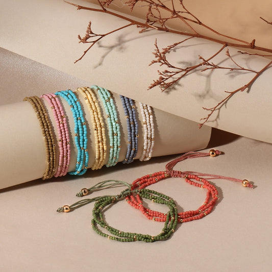 Set/12 Assorted 2mm triple layer adustable seed bead bracelets with gold bead accents