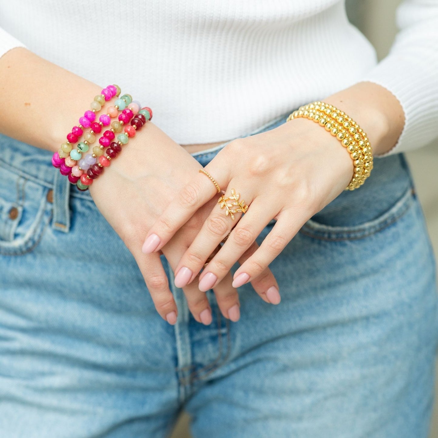 Set/8 Large Stone Bracelets with Gold Bead Accents