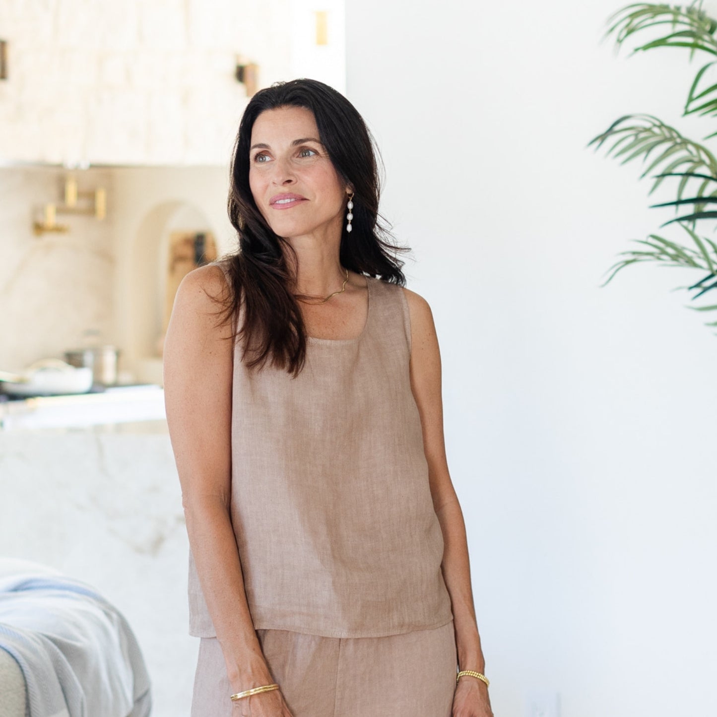 Linen Boxy Tank w/Button Back