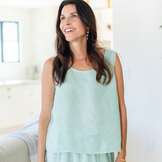 Linen Boxy Tank w/Button Back