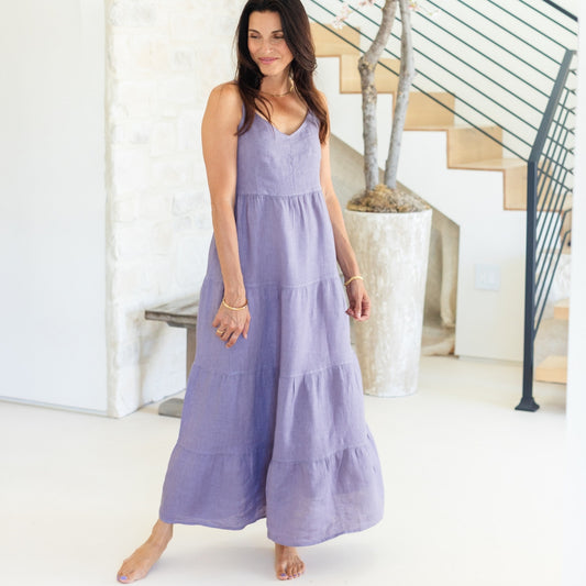Linen Long Tiered Spaghetti Strap Dress