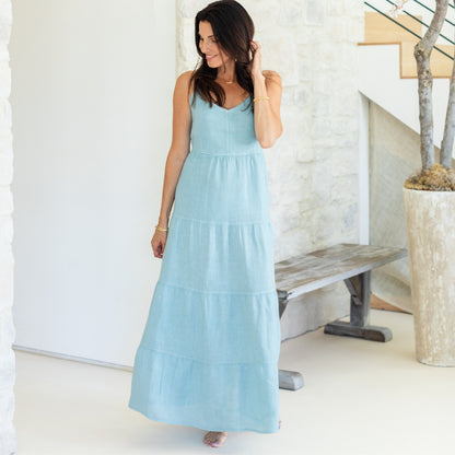 Linen Long Tiered Spaghetti Strap Dress
