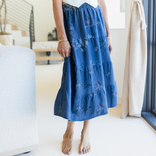 Floral Lyocell Tiered Skirt with Scrunchie Waist