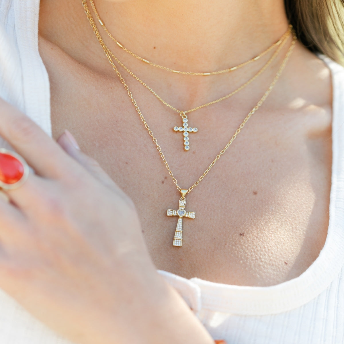 Layered Cubic Zirconia Cross Necklace