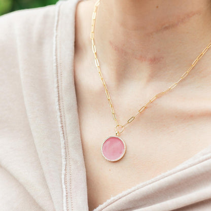 Circle Pave Pendant Paperclip Chain Necklace