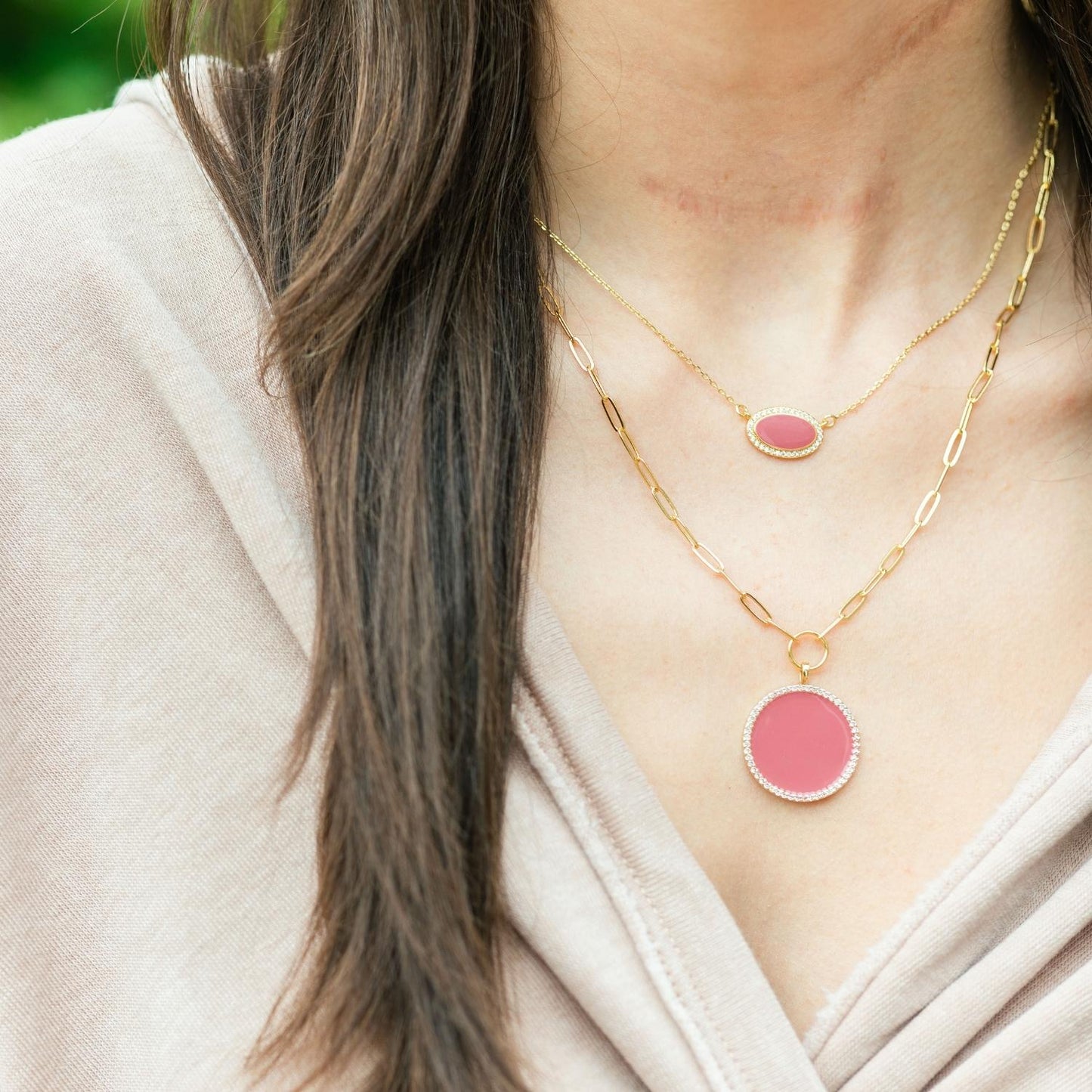 Circle Pave Pendant Paperclip Chain Necklace