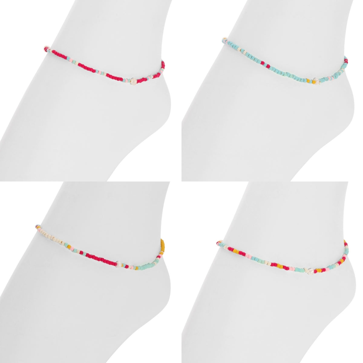 Colorful beaded anklets on white socks against a white background