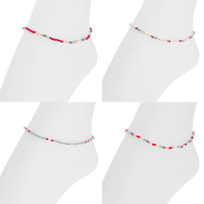 Set/12 Assorted 2mm Stretch Seed Bead Anklets with Pearl Accents