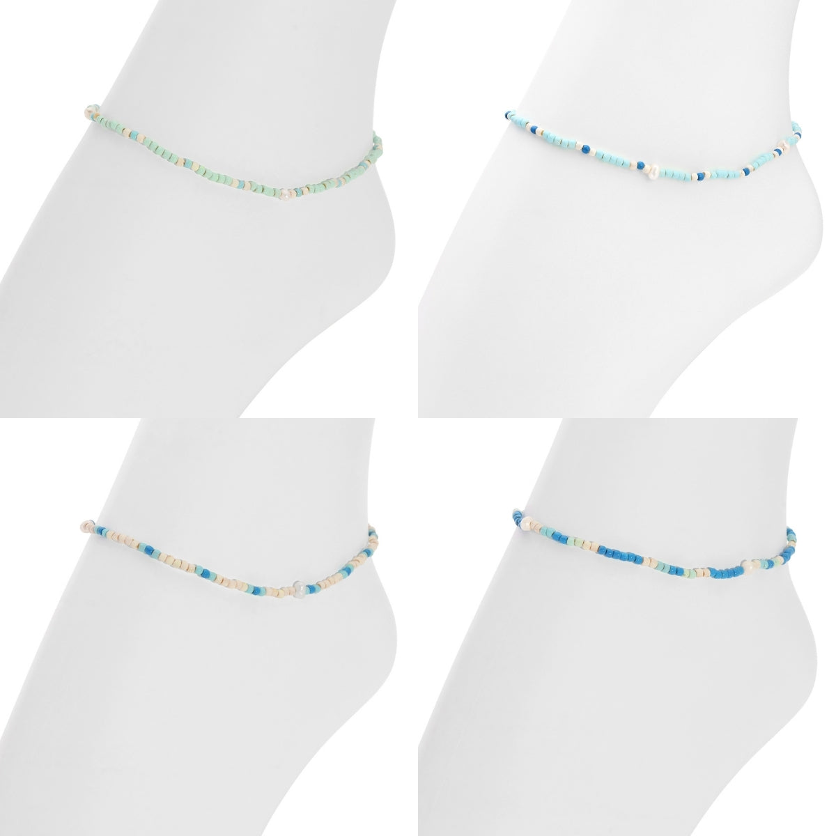 Set/12 Assorted 2mm Stretch Seed Bead Anklets with Pearl Accents
