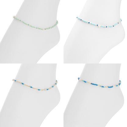 Set/12 Assorted 2mm Stretch Seed Bead Anklets with Pearl Accents