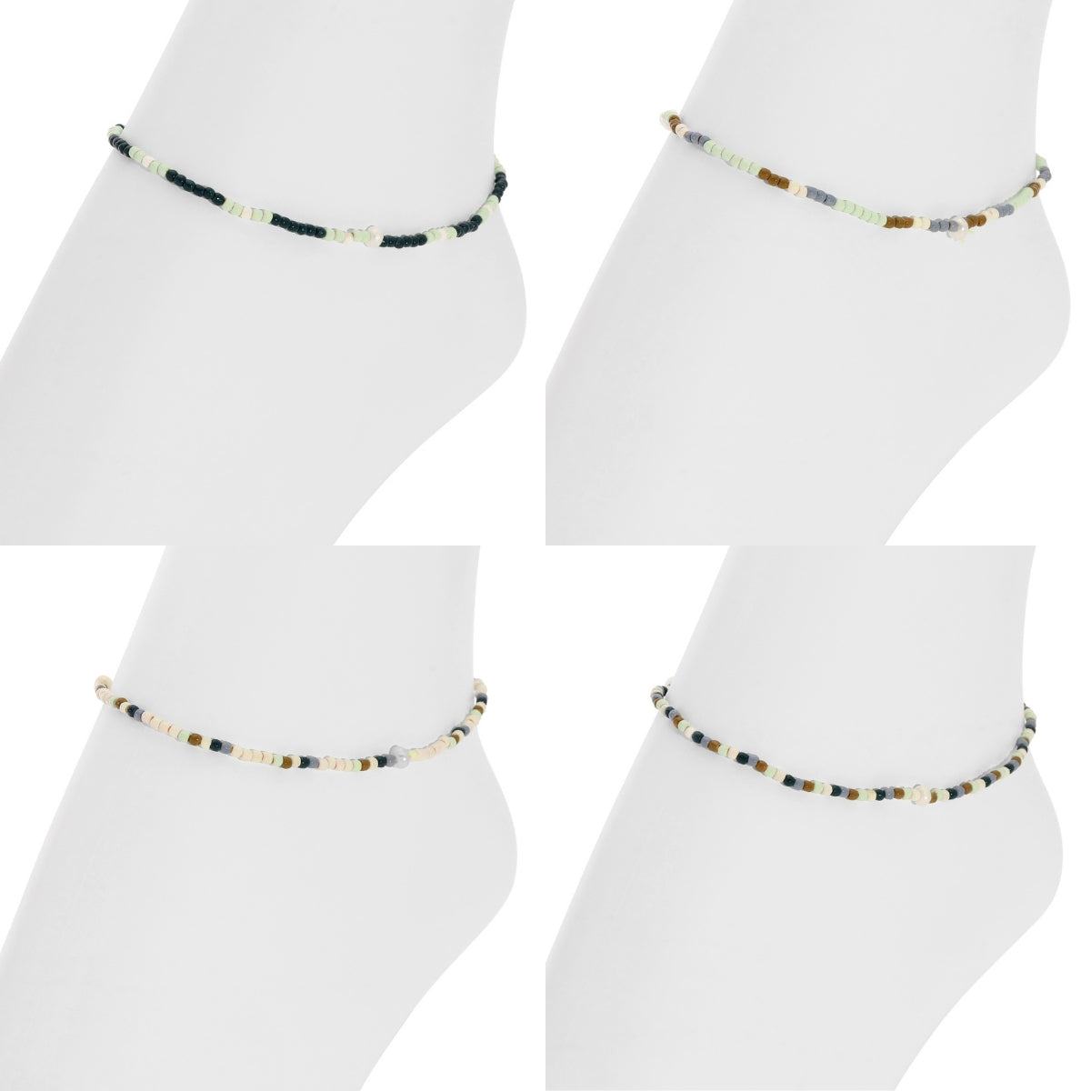 Set/12 Assorted 2mm Stretch Seed Bead Anklets with Pearl Accents