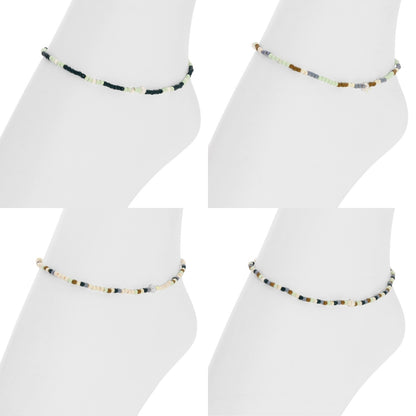 Set/12 Assorted 2mm Stretch Seed Bead Anklets with Pearl Accents