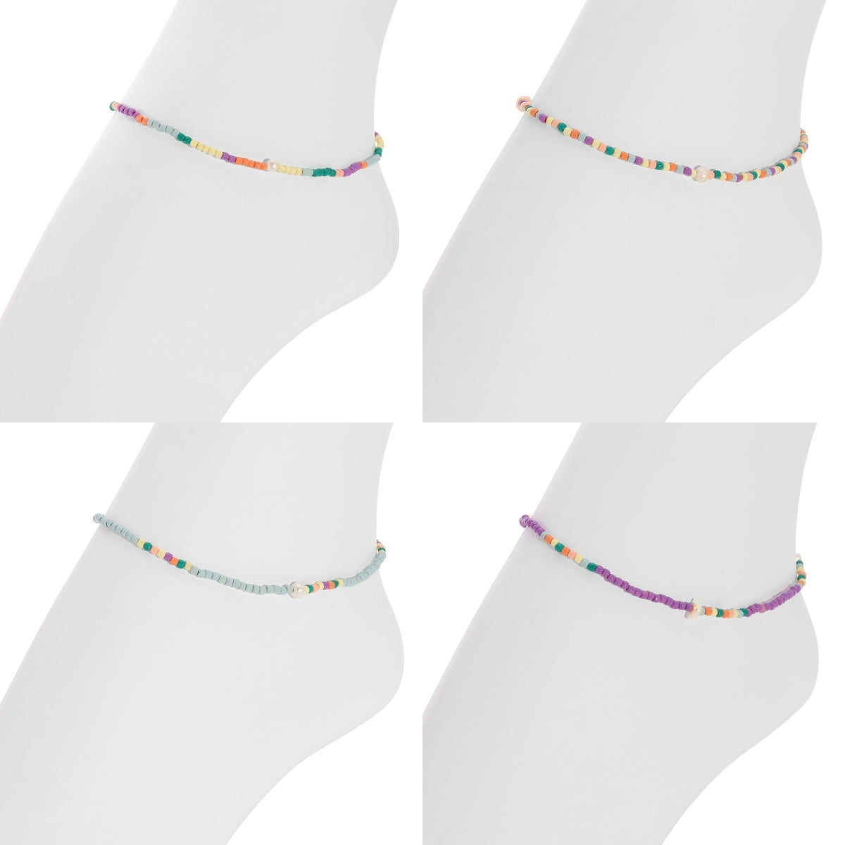 Set/12 Assorted 2mm Stretch Seed Bead Anklets with Pearl Accents