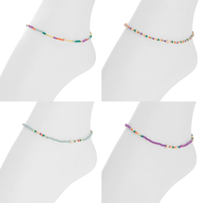 Set/12 Assorted 2mm Stretch Seed Bead Anklets with Pearl Accents